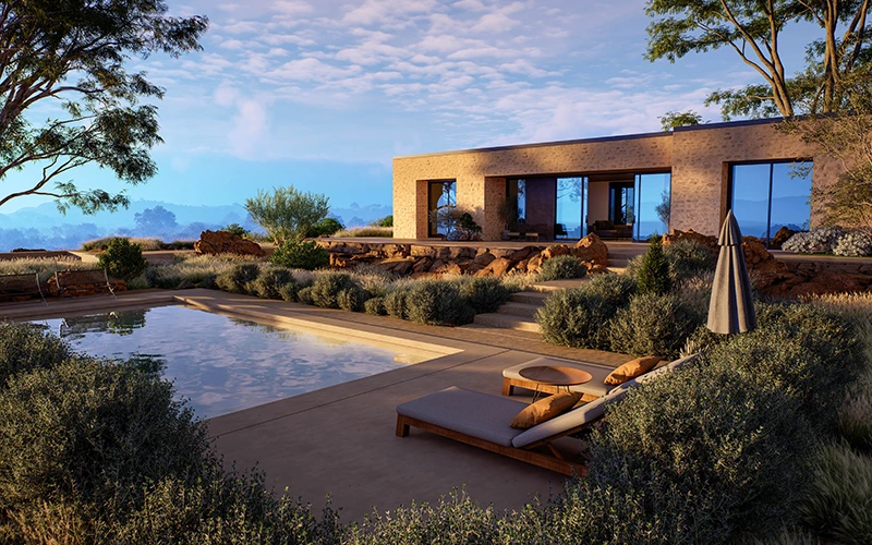 Modern Stone Villa with Pool and Native Landscaping